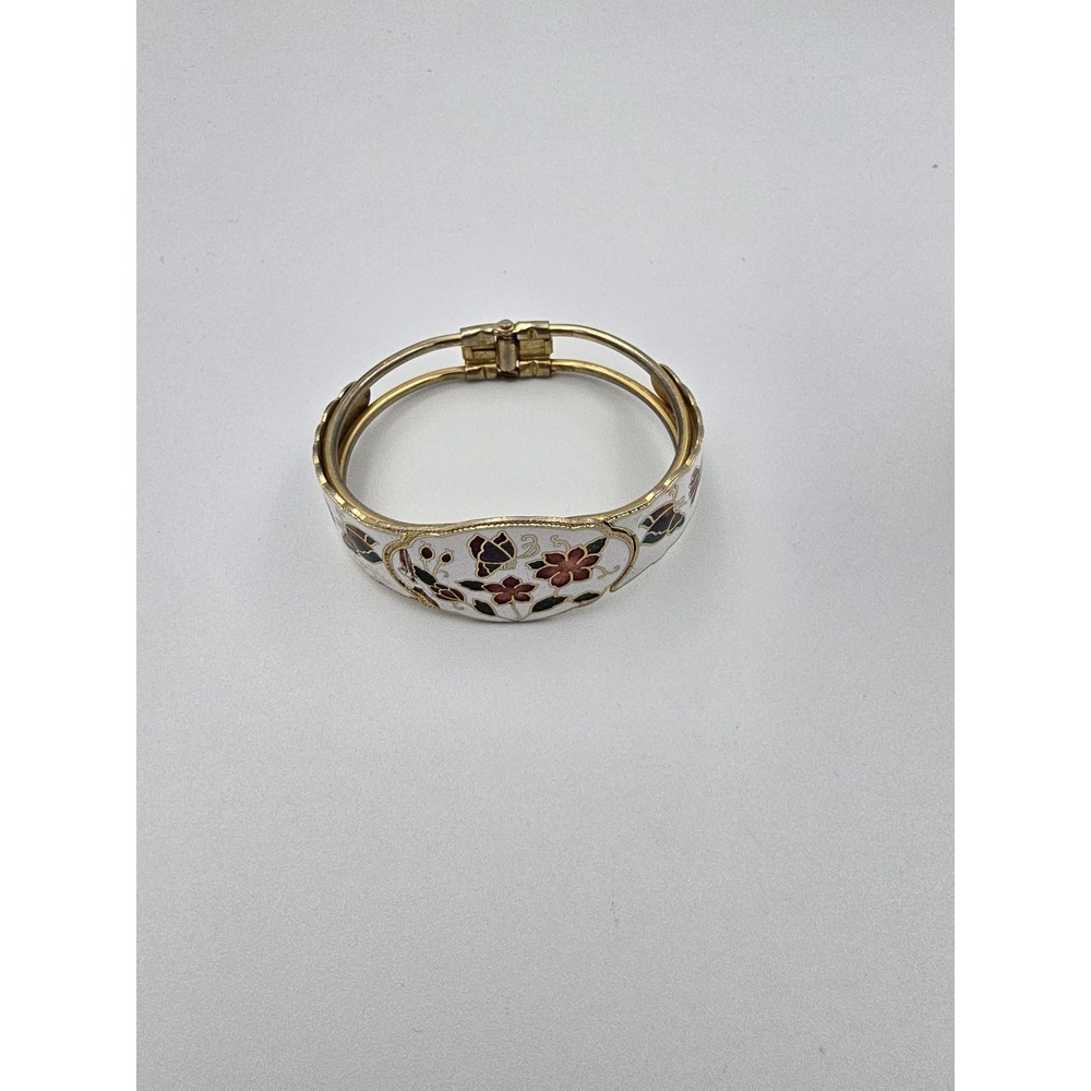 Vintage Cloisonne White Enamel Gold Tone Floral Butterfly Hinge Bangle Bracelet - Picture 7 of 10
